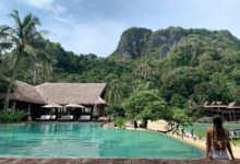 people walking on beach near green mountain during daytime