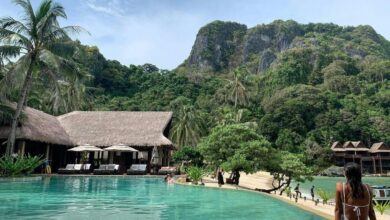 people walking on beach near green mountain during daytime