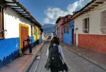 person in gray shirt with backpack walking on street between houses