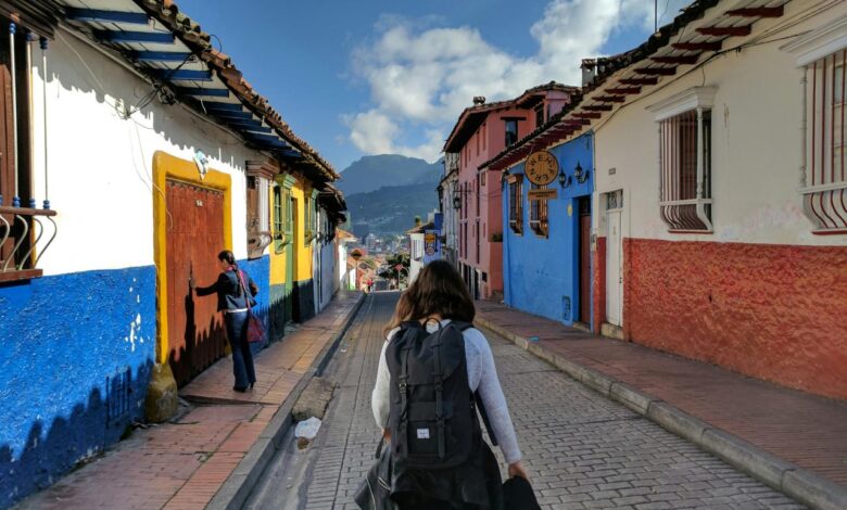 person in gray shirt with backpack walking on street between houses